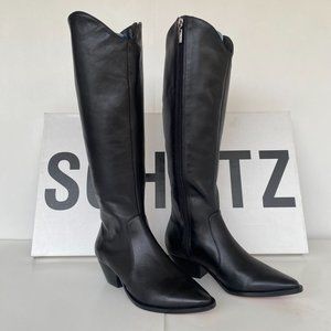 NIB SCHUTZ FANTINNE TALL LEATHER WESTERN BLACK BOOTS